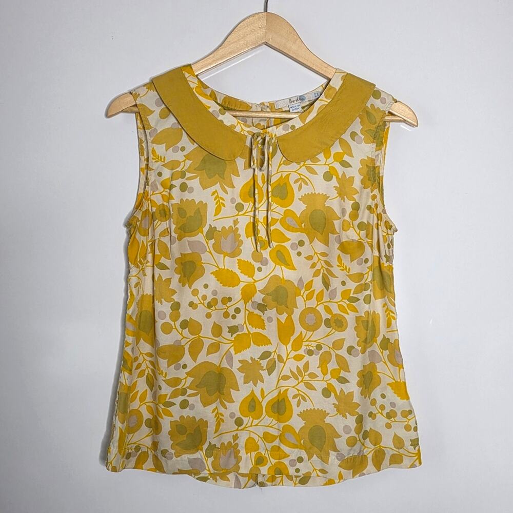 Boden Cream and Yellow Floral Sleeveless Top with Peter Pan Collar